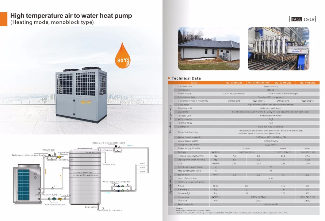 80 Degree Industry High Temp, Air to Water Heat Pump, Chemical Process Treatment Hot Water Supply