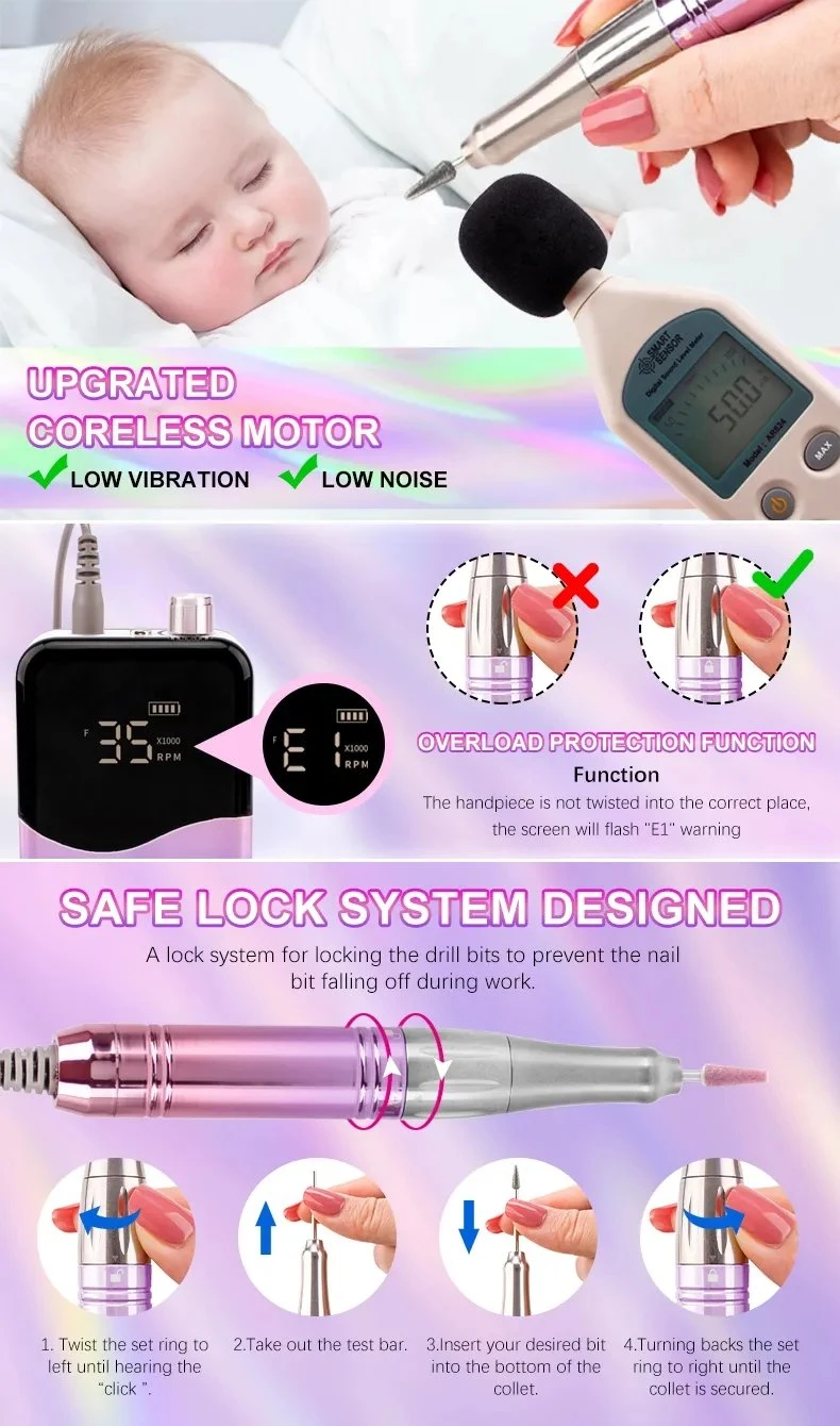 Rechargeable Nail Art 35000rpm Portable Manicure Pedicure Mini Nail Polisher Electric Strong Power Cordless 7 Head Nail Drill Machine